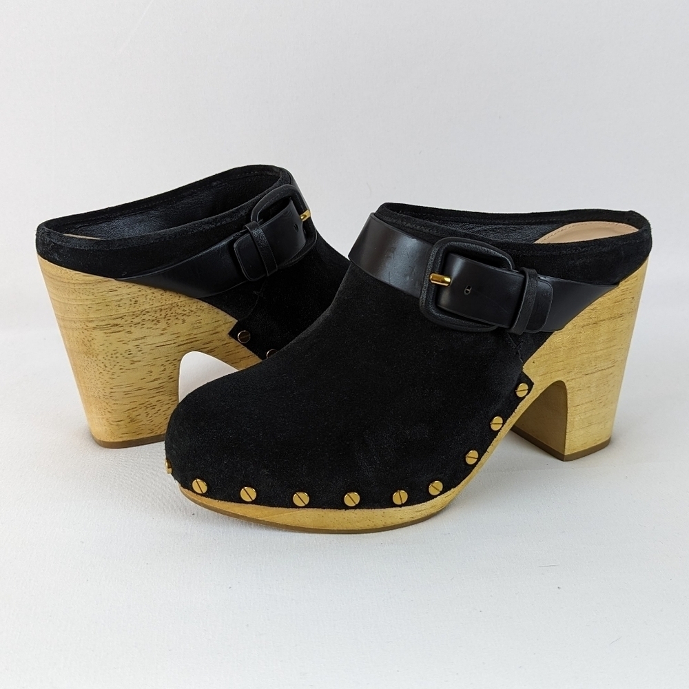 Veronica Beard Dacey Clog Suede Studded Trim Stacked Heel Black 9.5 NWOB